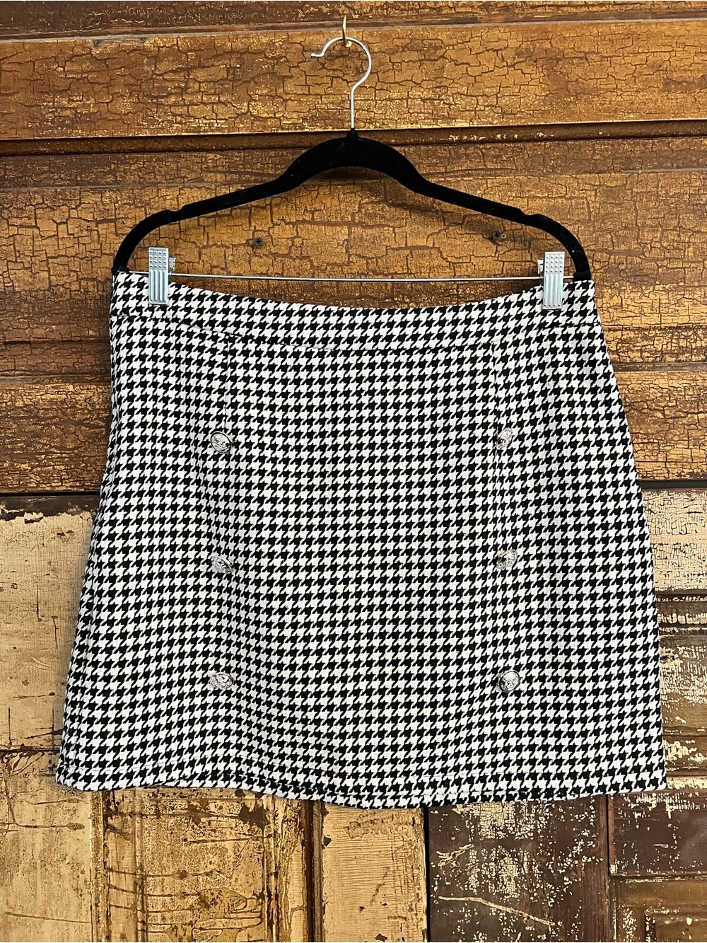 Houndstooth Button Detail Mini Skirt XL Black White Preppy Chic